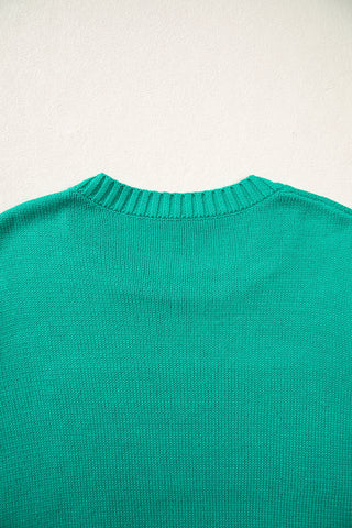 Bright Green Merry Print Ribbed Trim Round Neck Loose Fit Sweater