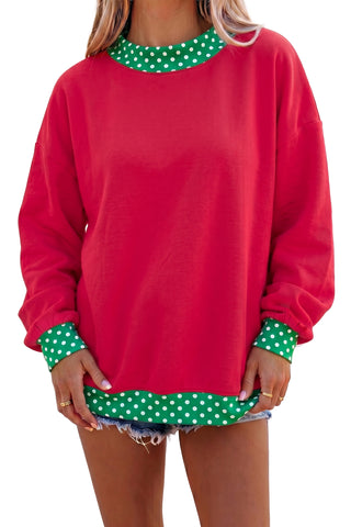 Fiery Red Colorblock Polka Dot Contrast Trim Oversized Sweatshirt