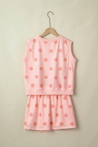 Pink Ribbed Trim Polka Dot Print Tank Split Mini Skort 2pcs Set
