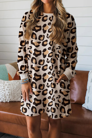 Khaki Leopard Long Sleeve Shift T Shirt Dress with Pockets