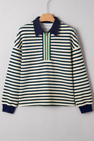 Racing Red Striped Print Contrast Collar Zip V Neck Long Sleeve Top