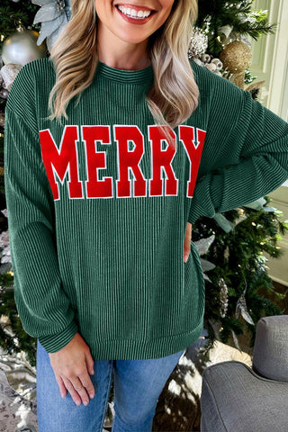 Blackish Green Twisted Rib Outlined Merry Letter Graphic Loose Long Sleeve Top