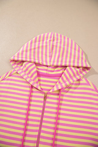 Rose Red Striped Long Sleeve Zip-Up Hoodie Drawstring Elastic Waist 2pcs Short Set