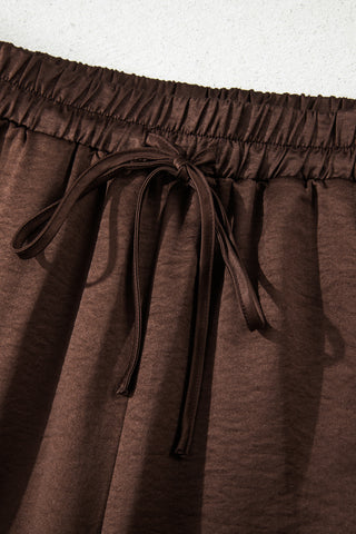 Dark Brown Braided V Neck Long Sleeve Loose Top and Drawstring High Waist Pants 2pcs Outfit