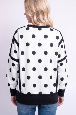 White Polka Dot Contrast Patchwork Round Neck Baggy Sweatshirt