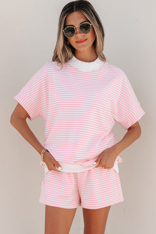 Sky Blue Stripe Cuffed Sleeve Contrast Mock Neck Tee Casual 2pcs Short Set