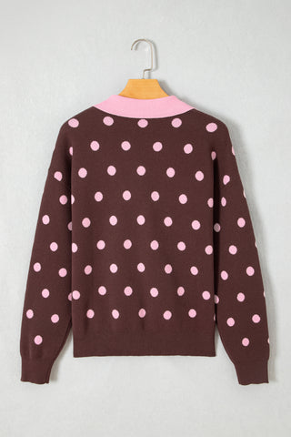 Pink Polka Dot Pattern Color Block Collared Loose Pullover Sweater