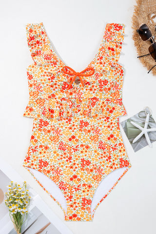 Orange Ruffled Trim Keyhole Accent Floral One Piece Swimsuit