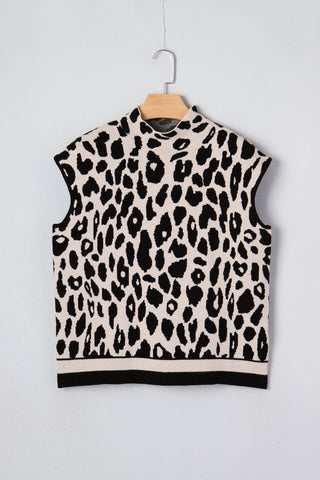 Black Leopard Print High Neck Short Sleeve Sweater