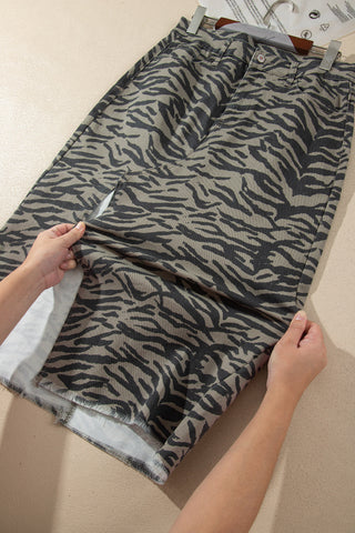 Brown Leopard Print Side Split Frayed Hem Denim Midi Skirt