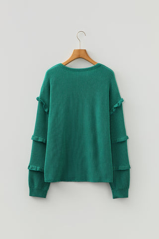 Evergreen Twisted Ribbed Tiered Ruffles Long Sleeve Pullover Top