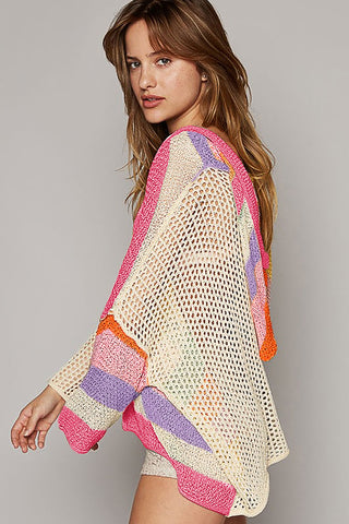 DEAR-LOVER Beige Oversized Colorblock V Neck Hooded Sweater