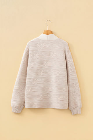 Parchment Solid Color Textured Zip V Neck Pullover Sweatshirt