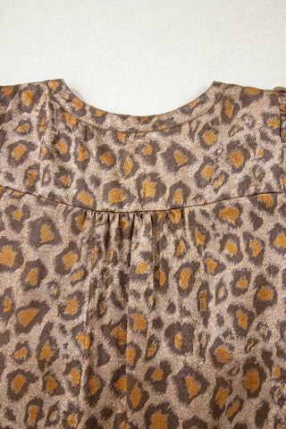Khaki Leopard Print V Neck Ruffled Sleeve Tiered Loose Mini Dress