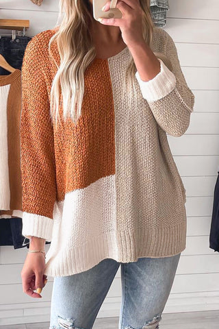 Evergreen Color Block Knit V Neck Loose Sweater