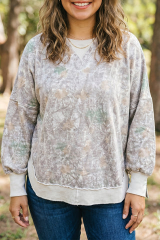 Khaki Camouflage Print Round Neck Long Sleeve Shift Plus Size Sweatshirt