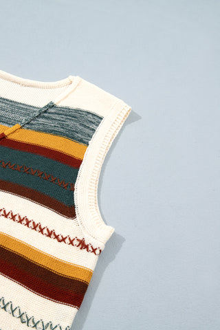 Multicolour Striped Button Front Sleeveless Knit Regular Fit Sweater Vest