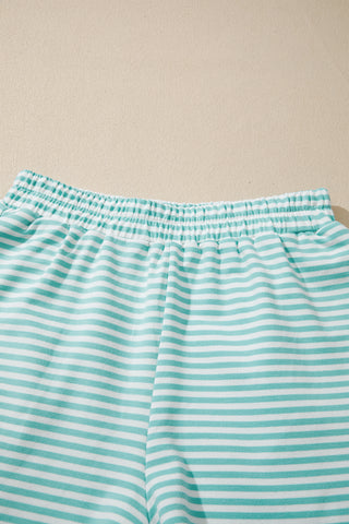 Sky Blue Stripe Cuffed Sleeve Contrast Mock Neck Tee Casual 2pcs Short Set