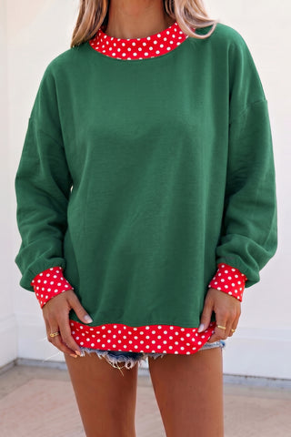 Dark Green Colorblock Polka Dot Contrast Trim Oversized Sweatshirt