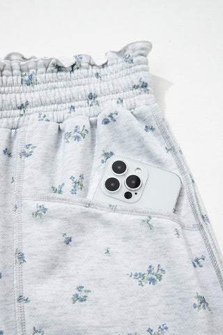 Gray Floral Print Elastic Waist Regular Fit Pants
