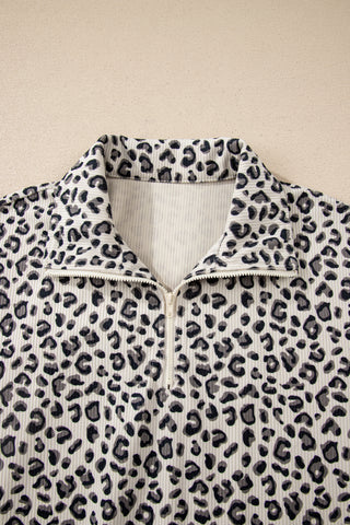 Brown Leopard Print Quarter Zip Corduroy Sweatshirt