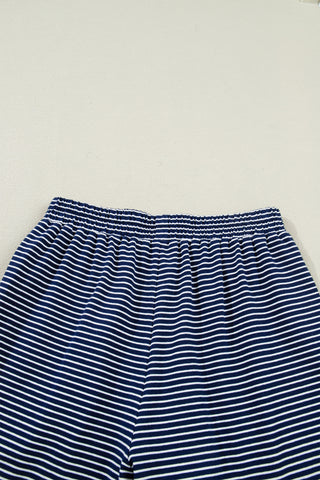 Blue Stripe Drop Shoulder Round Neck Long Sleeve Tee and Buttoned Shorts 2pcs Lounge Set