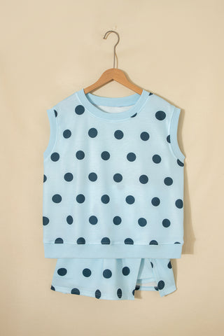 Pink Ribbed Trim Polka Dot Print Tank Split Mini Skort 2pcs Set
