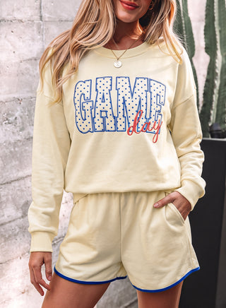 Beige Game Day Crewneck Long Sleeve Pullover Athleisure Short Sets