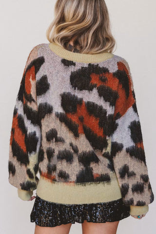Khaki Leopard Print Drop Shoulder Long Sleeve Round Neck Sweater