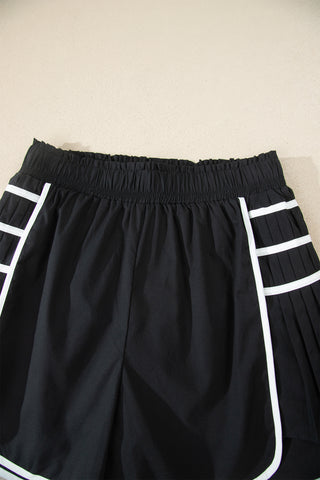 Black Contrast Trim Pleated Casual Active Shorts