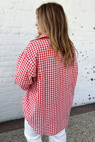 Red Plaid V Neck Long Sleeve Tunic Loose Fit Plus Size Shirt