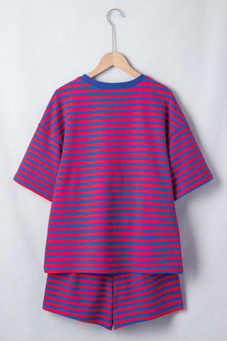 Blue Stripe Striped Ribbed Cotton Two-Piece Short Set with Chest Patch Detail