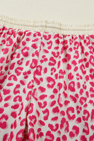 Rose V Neck Collar Leopard Printed 2pcs Short Set