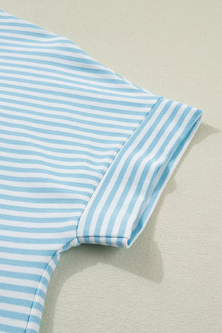 Sky Blue Stripe Cuffed Sleeve Contrast Mock Neck Tee Casual 2pcs Short Set