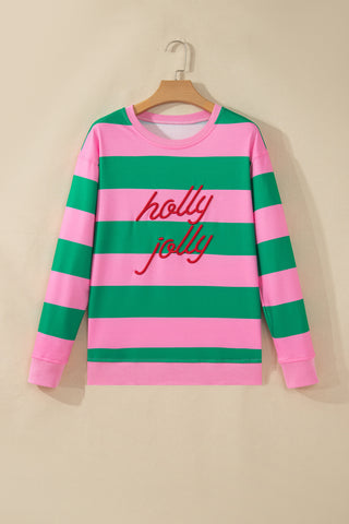 Red Stripe holly jolly Letter Embroidered Pullover Sweatshirt