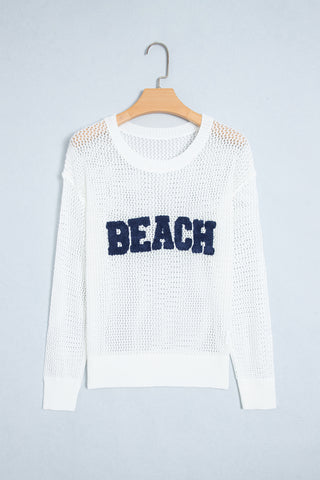 White Chenille BEACH Lettering Hollow Out Knit Casual Sweater