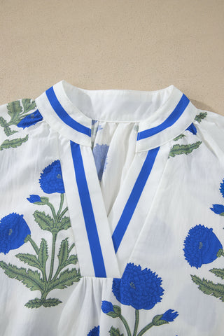 Green Casual Wild Flower Print V Neck 3/4 Sleeve Blouse