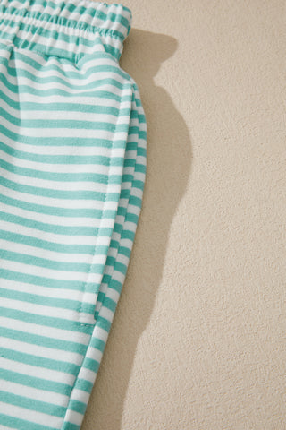 Sky Blue Stripe Cuffed Sleeve Contrast Mock Neck Tee Casual 2pcs Short Set