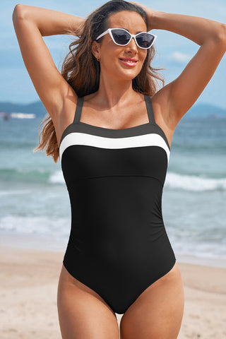 Black Color Block Detail Adjustable Straps One Piece Swimsuit