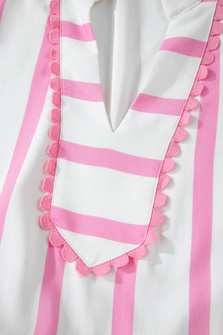 Pink Stripe Plus Size V Neck Short Puff Sleeve Tiered Maxi Dress