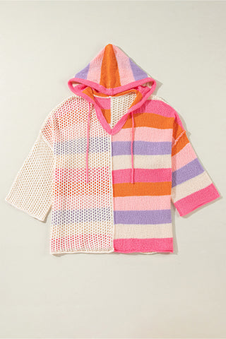 DEAR-LOVER Beige Oversized Colorblock V Neck Hooded Sweater