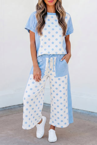 Green Color Block Patchwork Polka Dot Wide Leg Pant Set