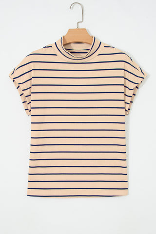 Khaki Stripe Mock Neck Short Sleeve Loose Top