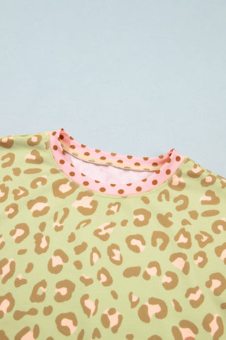 Pink Leopard Polka Dot Colorblock Trim Long Sleeve Top