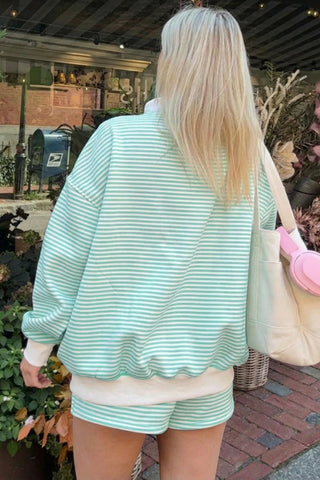 Green Stripe Oversize Mock Neck Sweatshirt and Shorts Set