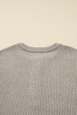 Simply Taupe Plus Size Ribbed Knit Kangaroo Pocket Henley Long Sleeve Top