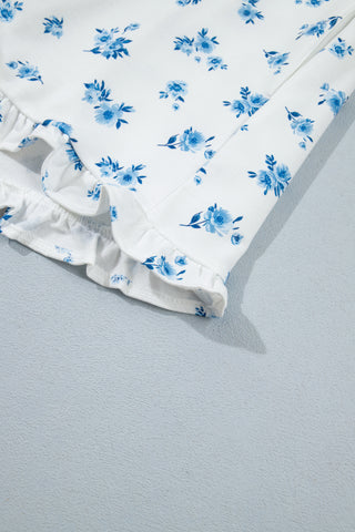 Sky Blue Floral Print Long Sleeve Top Elastic Waist Ruffle Hem Shorts 2pcs Set