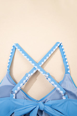 Beau Blue Ric Rac Trim Contrasted Patchwork Cutout One Piece Swimsuit