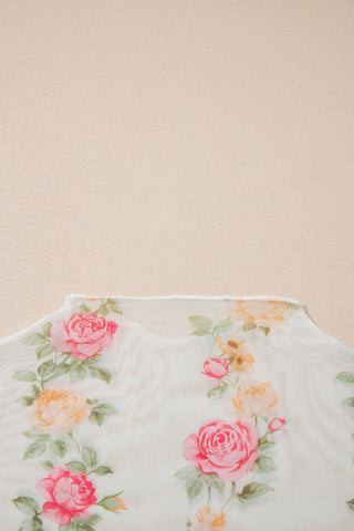 Beige Floral Print Mock Neck Short Sleeve Mesh Top