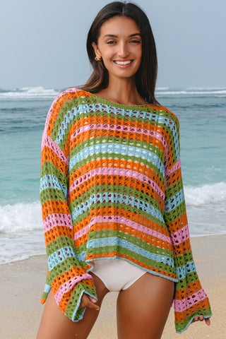 Purple Multi Stripe Open Knit Sweater Beach Cover Up